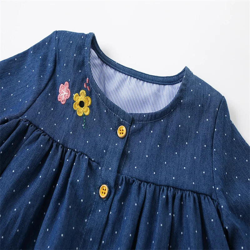 Jumping Meters 2-7T Princess Girls Dresses Buttons Bee Embroidery Autumn Spring Baby Clothing Long Sleeve Frocks Toddler Dress