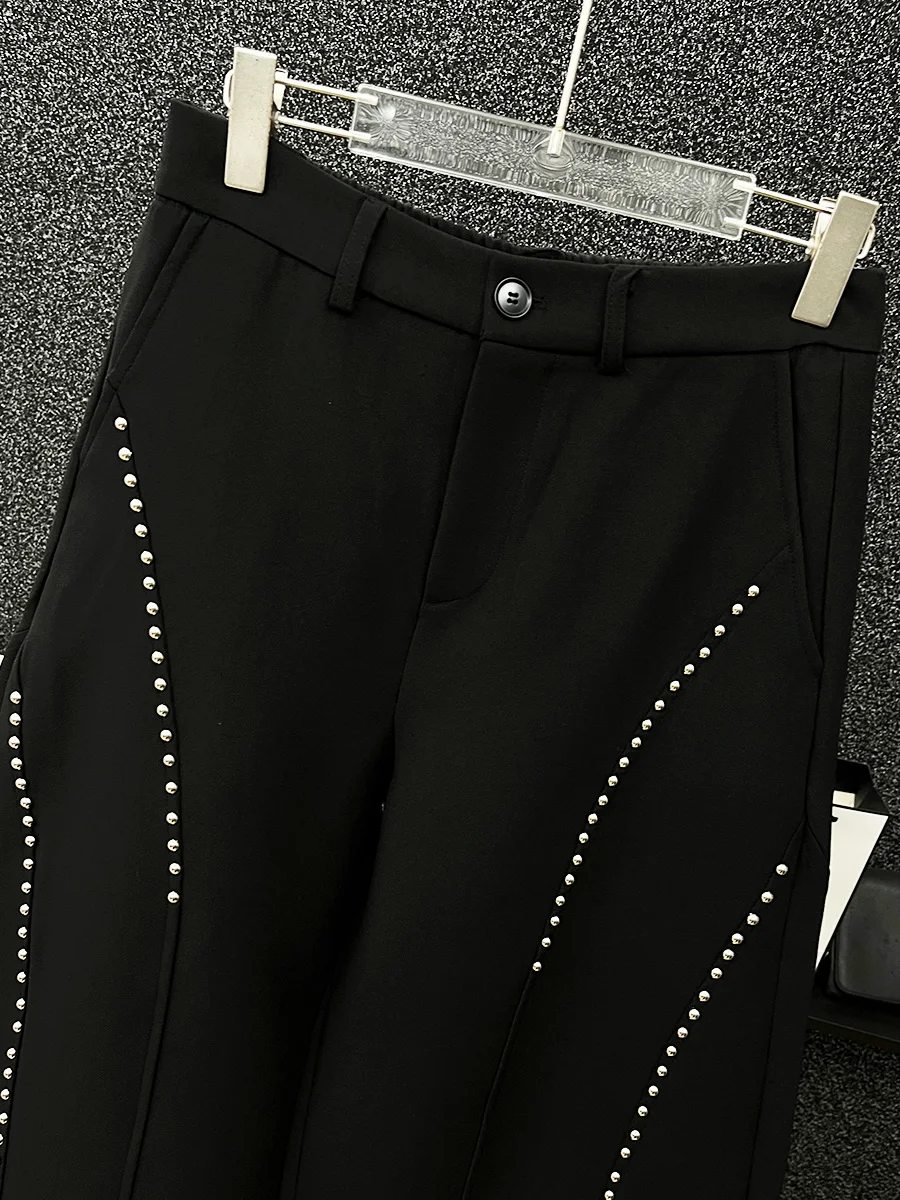 2025 New Korean Version of Scimitar Trousers Men's Fashion Casual Heavy Industry Willow Nails Loose Handsome Boys Mopping Pants