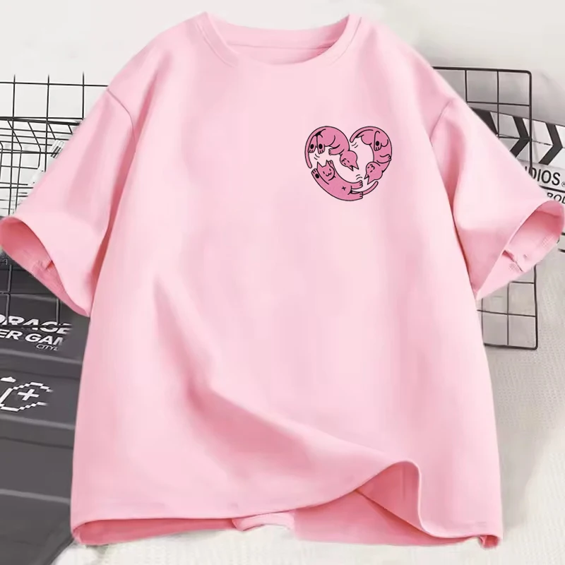

Cute Pink Kitten Print Pattern Men Women T-shirt Heart Shaped Silhouette Pattern Casual Loose Graffiti Couple Tops Street Tees