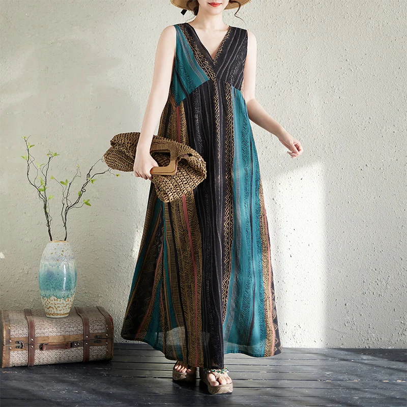 

Summer Stripe Design V-Neck Minimalist Slimming Sleeveless Long Dress Women's Fashion City Walk Cotton Lyocell Loose Fit Gown