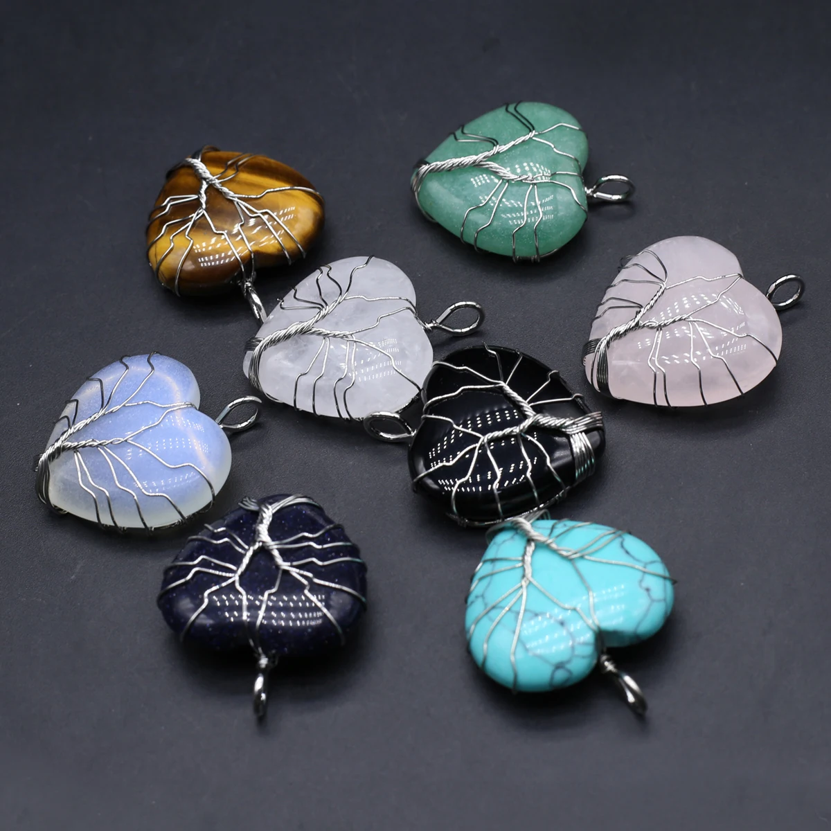 6PCS Natural Stone Heart shaped Gold Thread Wrapped Life Tree Weaving Pendant Jewelry Making DIY Necklace Accessories Gift