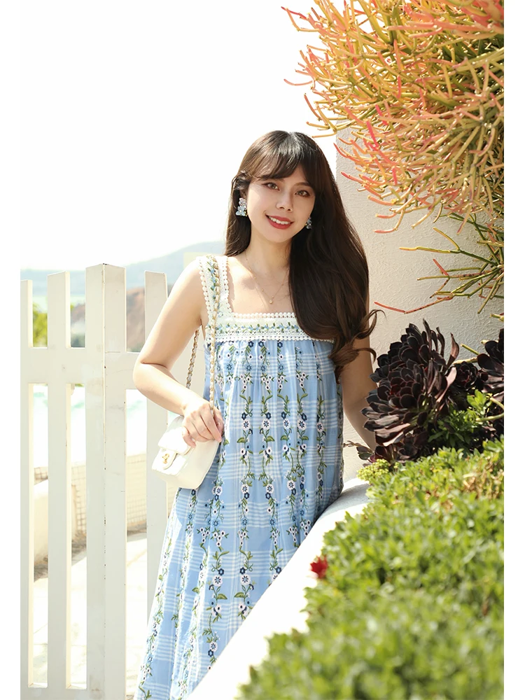 94-102cm Bust Summer Holiday Maxi Dresses Women Elegant Slim Sleeveless Luxury Embroidery Comfortable 100%Cotton Blue Vest Dress