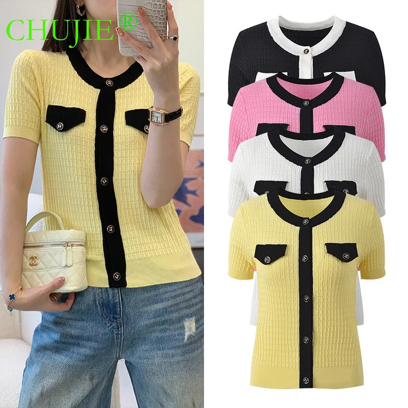 

CHUJIE 2026 Spring-Summer New Fashionable Slimming Versatile Round Neck Knit Cardigan With Contrasting Colors Short Sleeve Top