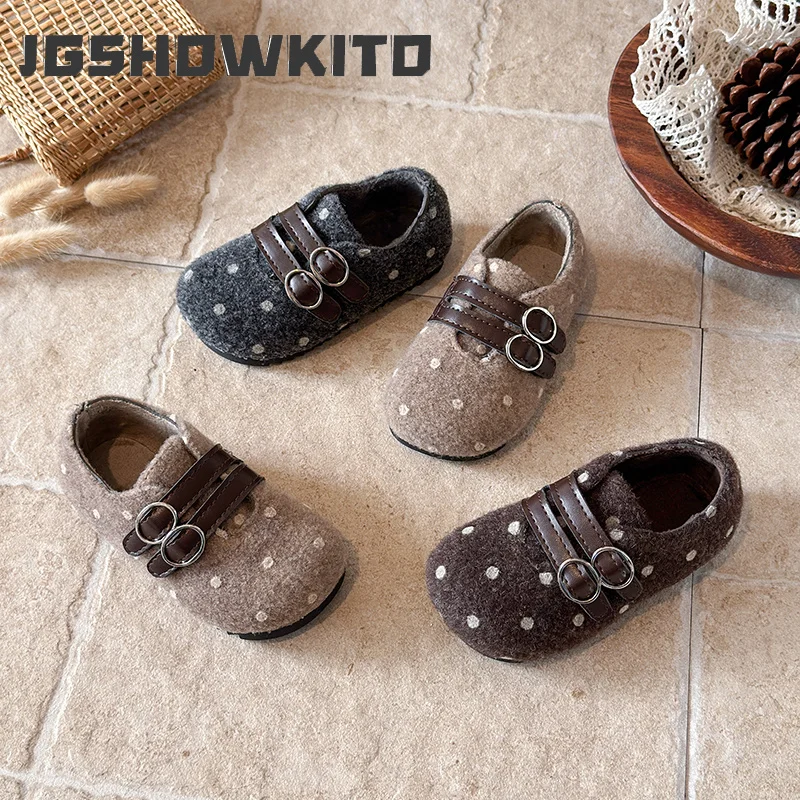 JGSHOWKITO Winter Children's Shoes Vintage Polka Dot Little Girls Warm Cotton Shoes Causal Outdoor Furry Hairy Kids Flat Shoes