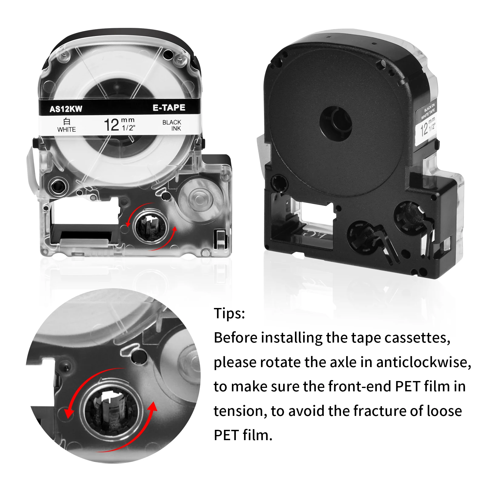 5PK SS12KW Label Tape 9/12/18/24mm Compatible for Epson SC12YW Label Works Black on White Tape for LW-300 LW-400  Label Maker