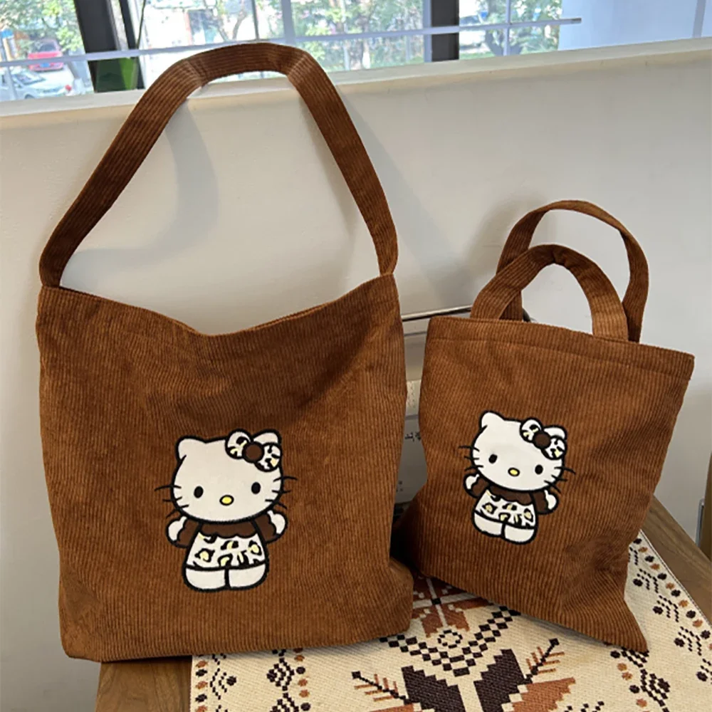 Hello Kitty Crossbody Bag for Women\'s Maillard Corduroy Casual Cute Handbag Y2k Cartoon Retro Large Capacity Shoulder Bag