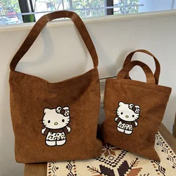 Hello Kitty Crossbody Bag for Women's Maillard Corduroy Casual Cute Handbag Y2k Cartoon Retro Large Capacity Shoulder Bag