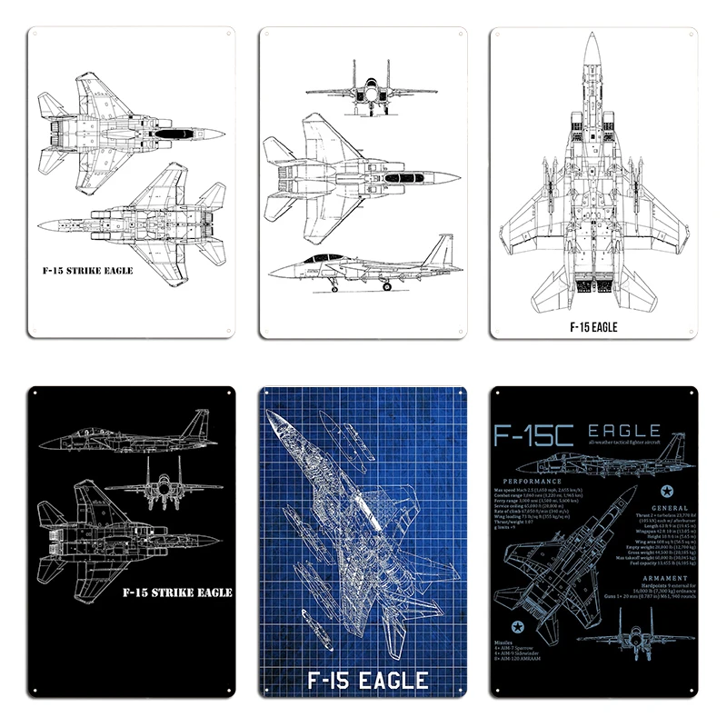 F-15 Strike Eagle – Kampfflugzeug, technischer Blaupause, Zeichnung, Metallschilder, Kino, Garage, Kneipe, Garage, lustige Blechschilder, Poster