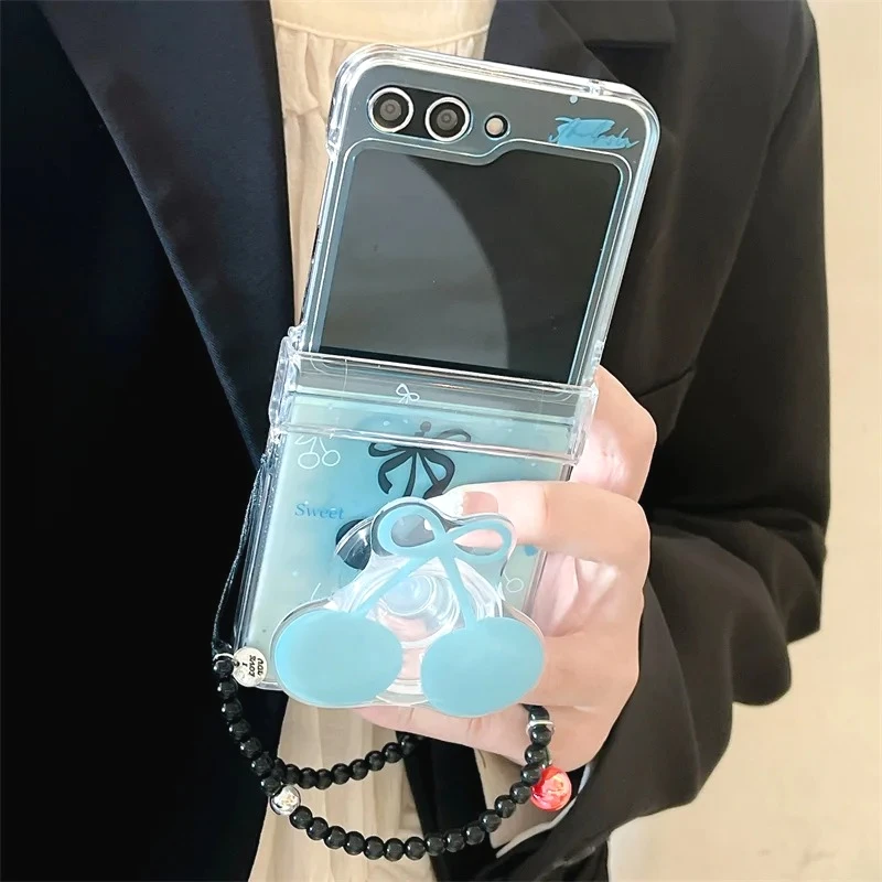 

Phone Case For Samsung Galaxy Z Flip 7 FE 3 4 5 6 Cute Cherry Bow Bracelet Hinge Shockproof Cover For Samsung Z Flip7 Flip6
