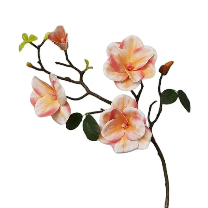 5Pcs Faux Long Stem Magnolia Flower (4 Heads/Piece) for Wedding Home Decorative Artificial Real Touch Magnolia Denudata