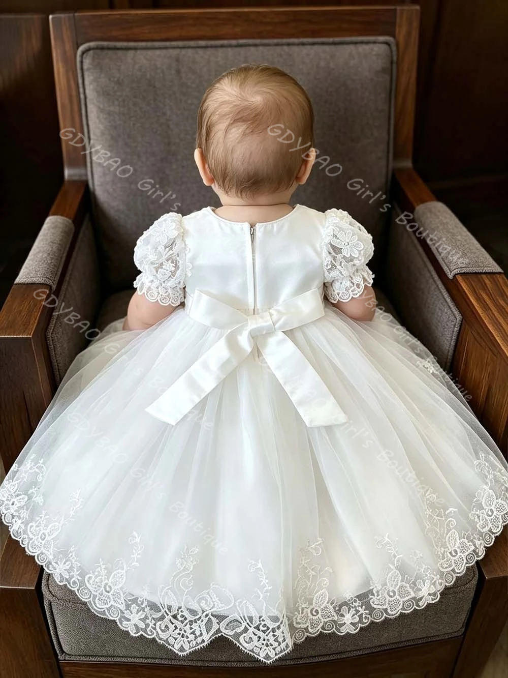 Baby Girls Christening Dress With Sashes Infants Puff Sleeves Baptism Dress Lace Bonnet Customized Party Gown for Flower GIrls