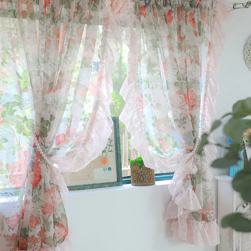 Pastoral Flowers Tulle with Pink Lace Ruffled Curtains for Bedroom,Romantic Retro Voile Window Drapes for Kitchen Decoration