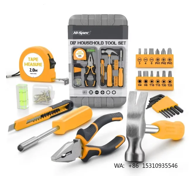 Wilsom 25pc Yellow Compact Carbon Steel Home Repair Tool Set Small Portable DIY Hand Tool Box Case with Hard Case OEM ODM Ready