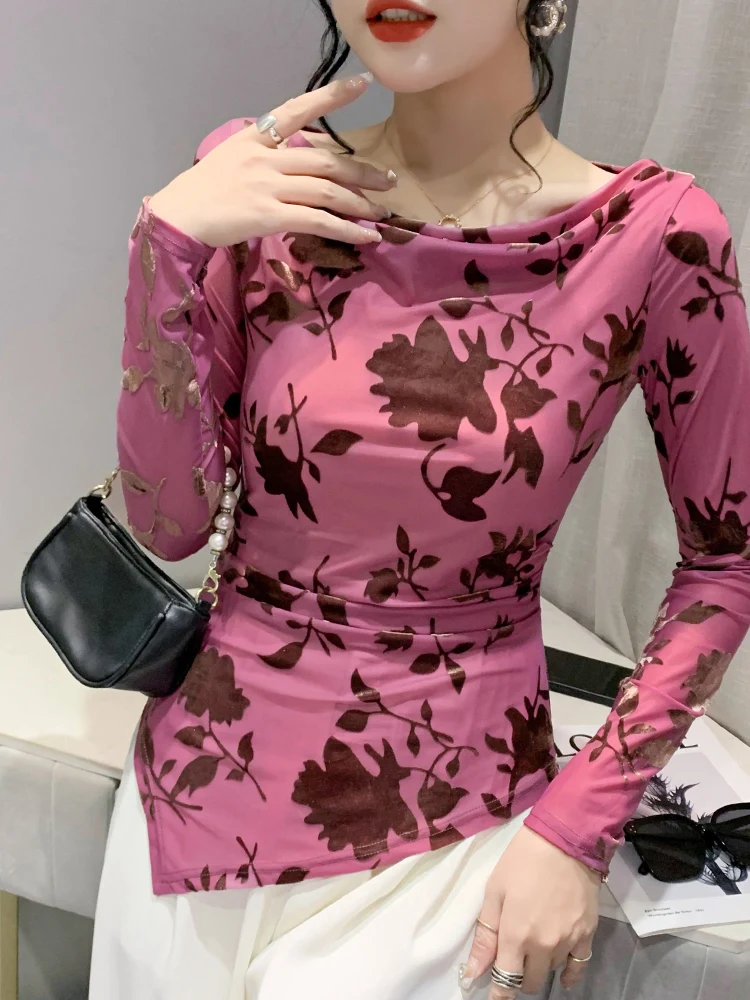 섹시한 롱 슬리브 언더레이 티셔츠 여성용 패셔너블한 언밸런스 밑단 원숄더 탑 한국 스타일 출퇴근용 독창적인 패턴