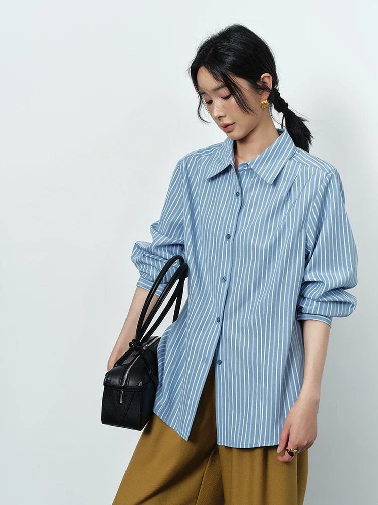 

Miss Neko Women's Blue Striped Silk Cotton Long Sve irt Vintage Sle Spring Summer Outerwear Straight Cut Classic Collar