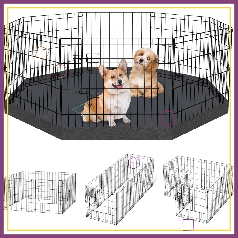 

Dog Pen Pet Playpen Indoor Foldable Metal Wire Exercise Puppy Yard Enclosure 8 Panels 24 Inch with Bottom Pad & Cover (Black)