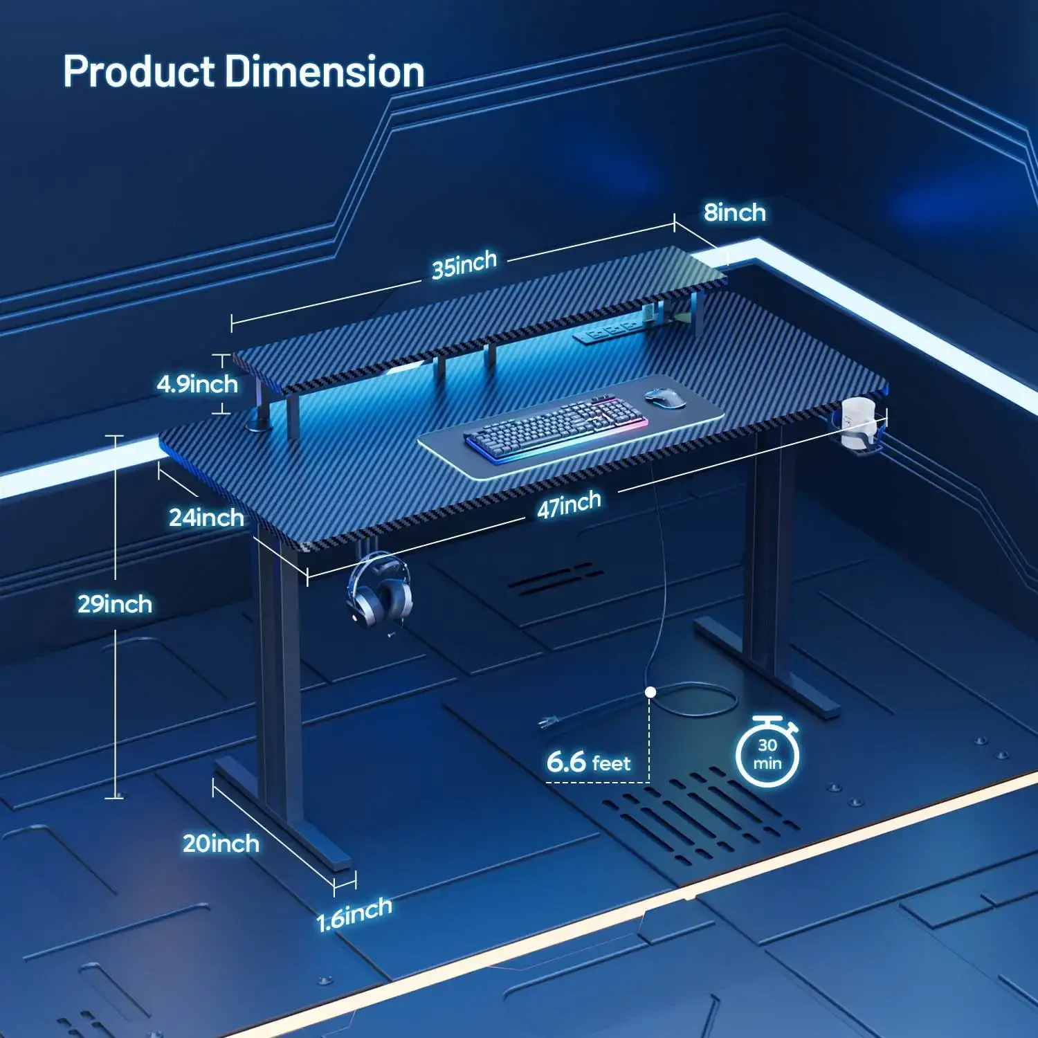 47 inch Gaming Desk with LED Lights & Power Outlet, Computer Gamer Desk with Monitor Stand