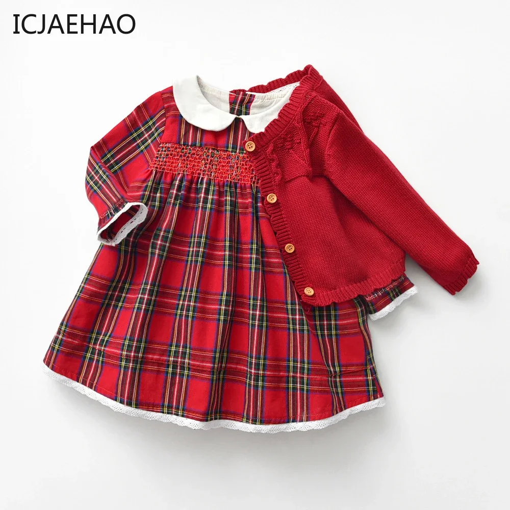 

2025 Children Newborns Dresses Sets for Baby Girls Sweater Cardigan Hairband Kid Boutique Outfit Peter Pan Plaid Dresses Clothes