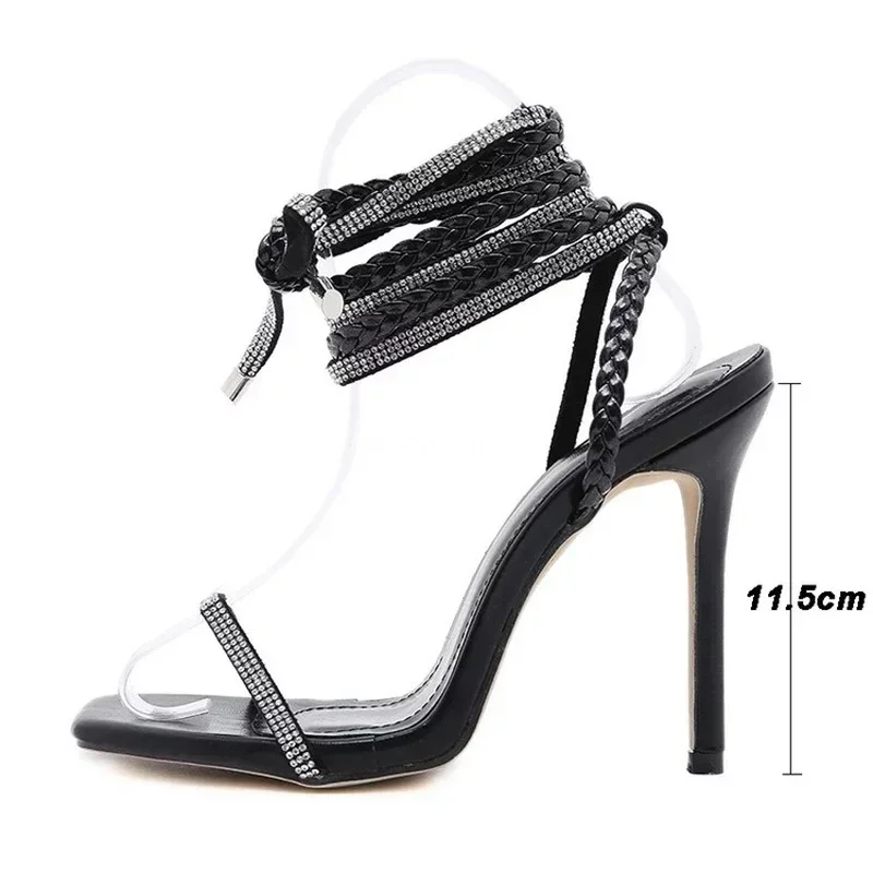 2024 New Summer Woman Shoes High Heels Sexy Leather Gladiator Sandals Fashion Black Ankle Strap Crystal Open Toe Shoes Sandalias