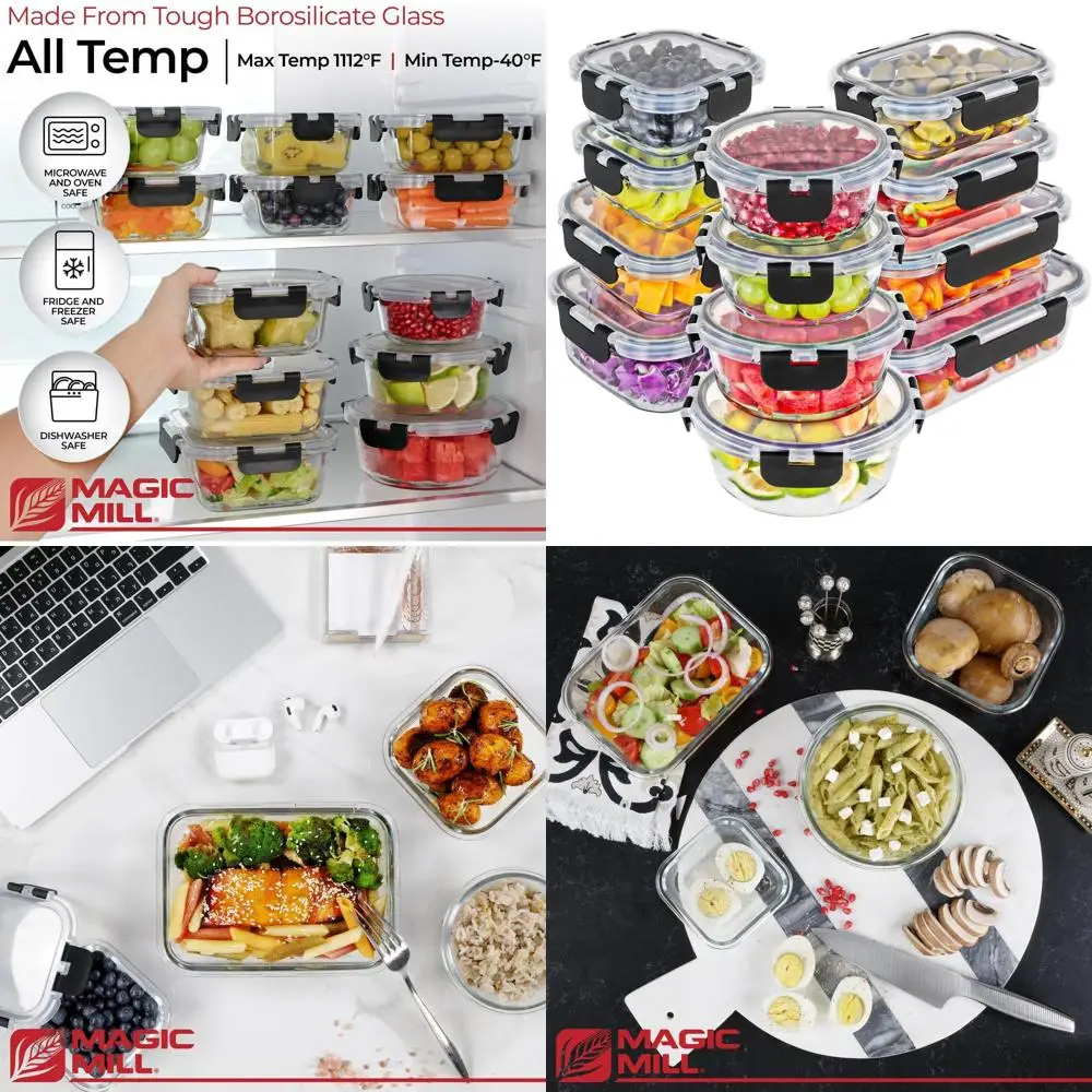 

Набор для хранения из боросиликатного стекла из 24 предметов: 12 мисок с герметичными крышками для приготовления еды, в духовке и морозильной камеры, можно мыть в посудомоечной машине,