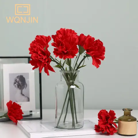 5PCS, 빨간 카네이션 인공 실크 꽃 꽃다발 웨딩 파티 홈 장식 가짜 꽃 사진 소품 어머니의 날 선물