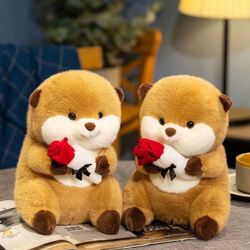 24cm Kawaii Simulation Wild Animal Beaver Take Roses Plush Doll Lifelike Cute Marmot Beaver Kapybara Plush Toy Home Decor Gifts