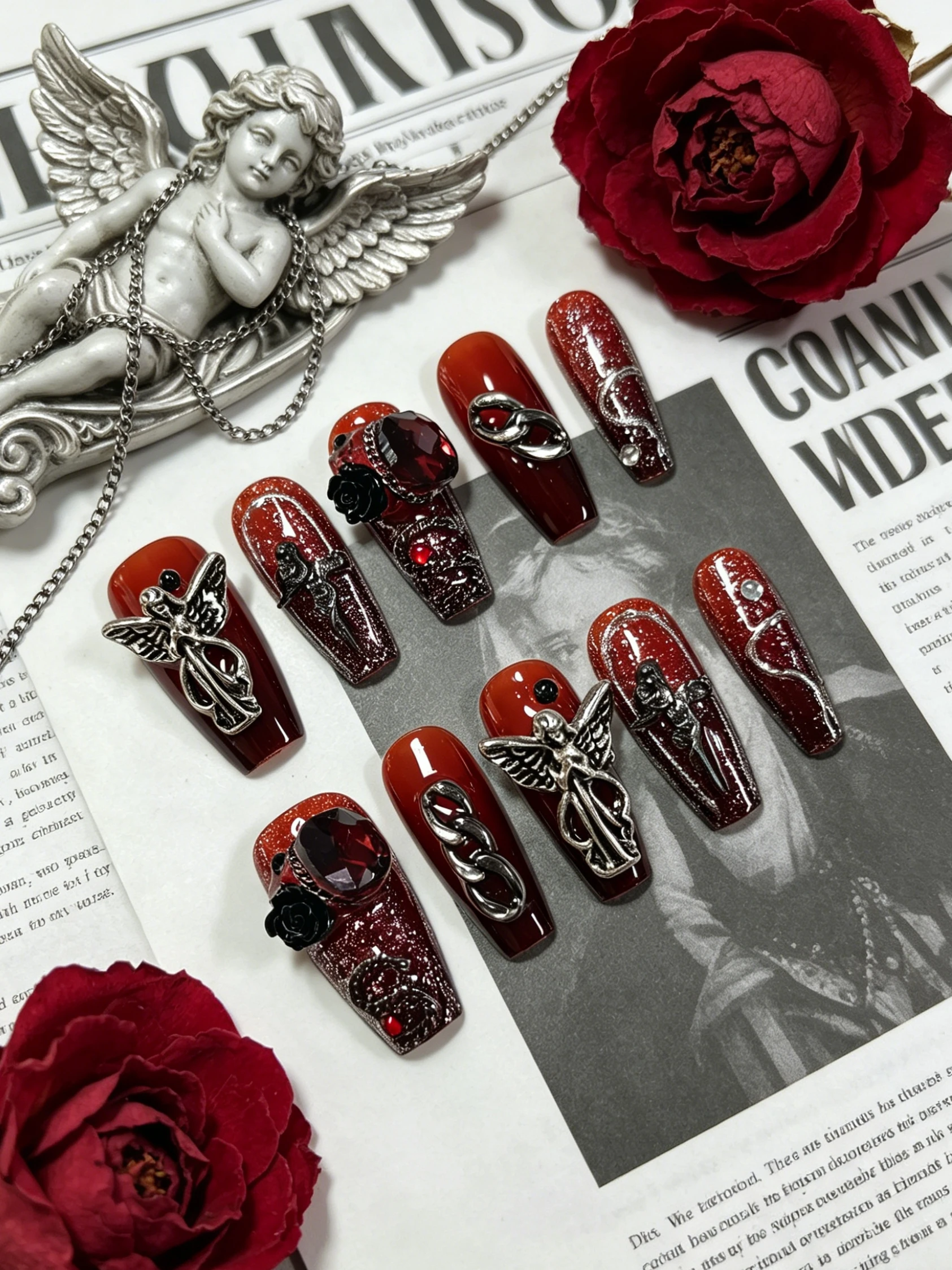 10 Medium-Sized Trapezoidal Press-On Nails, Red Silver Glitter Gradient Cat-Eye Nail Art, Paired with Red Rhinestone 3D Camellia Embossed Silver and Black Angel Cross Pearl Chain Y2K Gothic Nail Stickers, Suitable for Daily Wear, Bar Outings, Dates, Photoshoots, Girls' Gatherings, Afternoon Tea, Lifestyle Activities, Punk Style Fake Nails, Korean Ins-Style Fake Nails, Includes One Jelly Glue and One Nail File