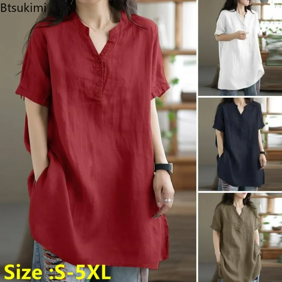 

2024 Summer Oversize Blouse Women Casual Short Sleeve Loose Tops Fashion V Neck Solid Tunic Work Shirt Female Blusas Chemise 5XL