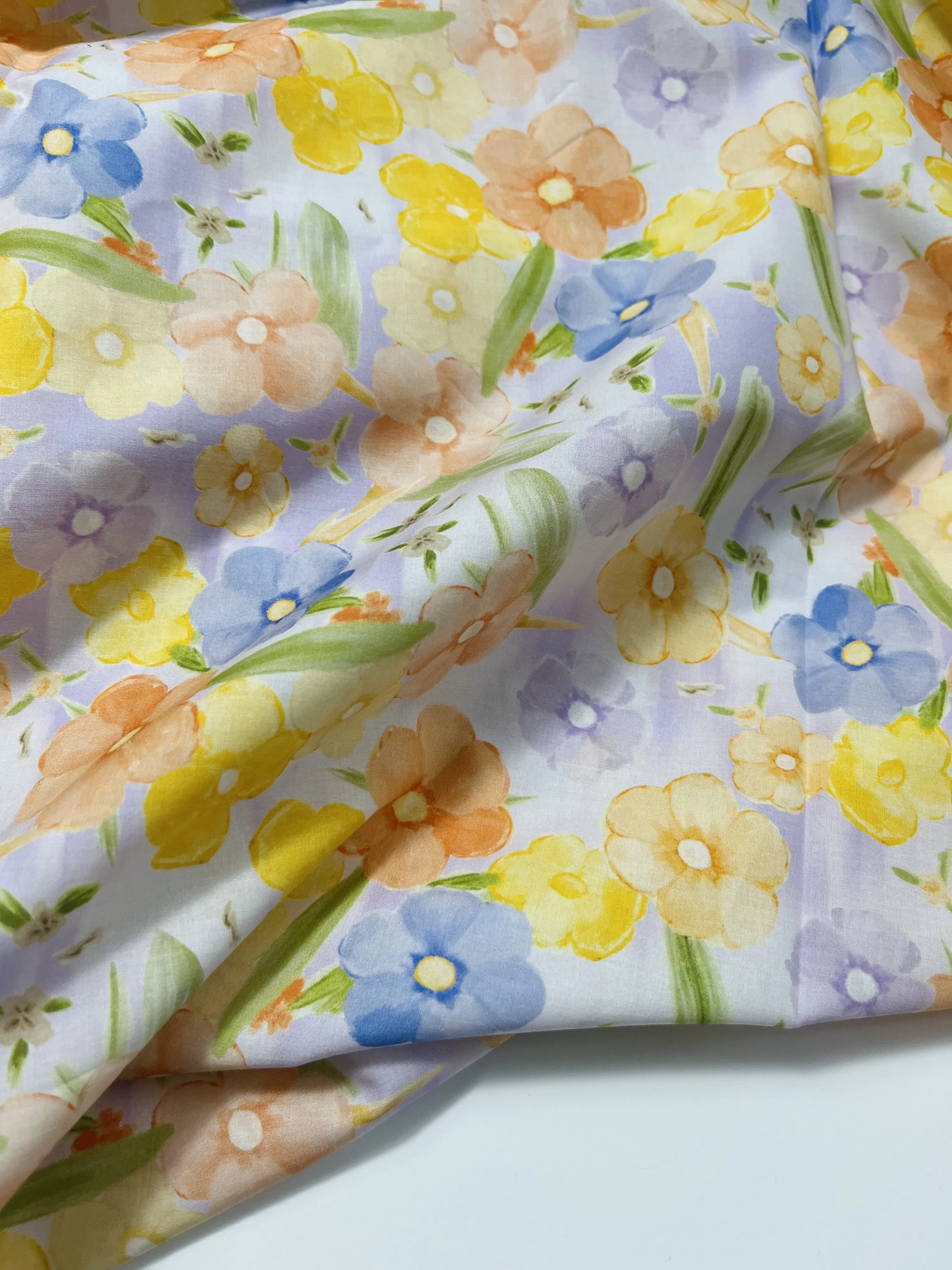 Pure Cotton Fabric, Digital Printing, Purple Yellow Small Flower 60s Poplin, Dress Shirt, Pajamas, DIY Cloth, 145x50cm