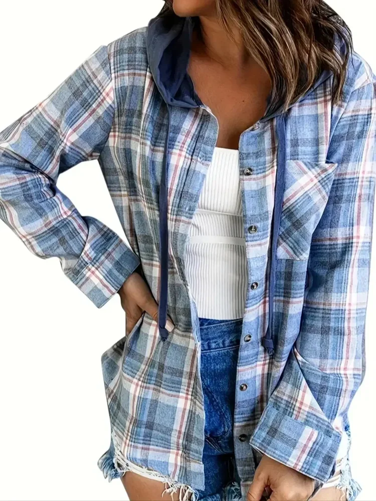 Plus Größe Mode Frauen Langarm einreiher Aufgesetzte Tasche Kordelzug Hemd Klassische Plaid Print Casual Mit Kapuze Sweatshirt