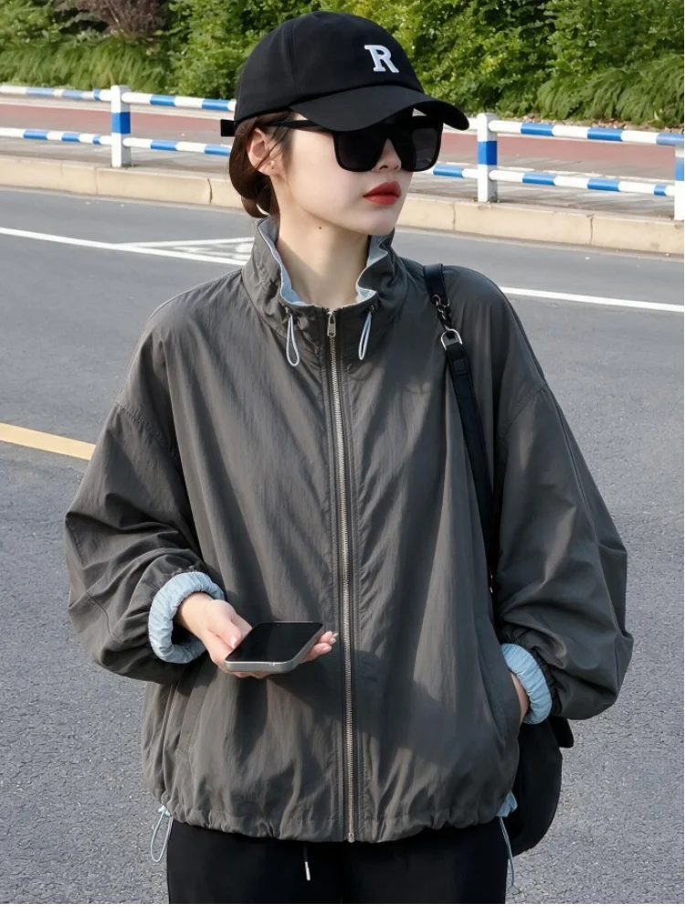 Korean Style Lazy Fashion Stand Collar Workwear Jacket Women's Small Size Autumn New Casual Short Jacket Polyester Fiber