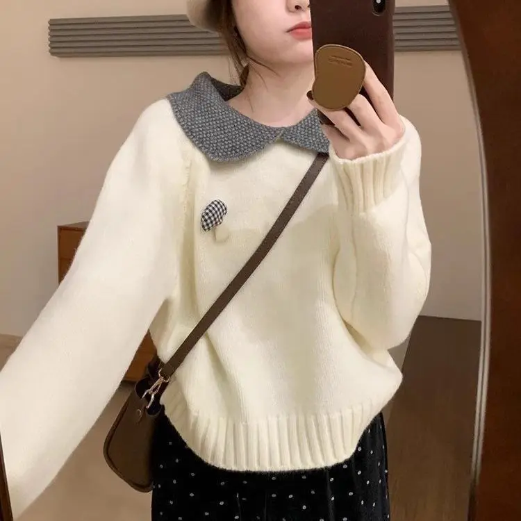 

Японский милый женский свитер с маленькими лацканами, новый зимний корейский стиль, универсальный повседневный свитер для похудения