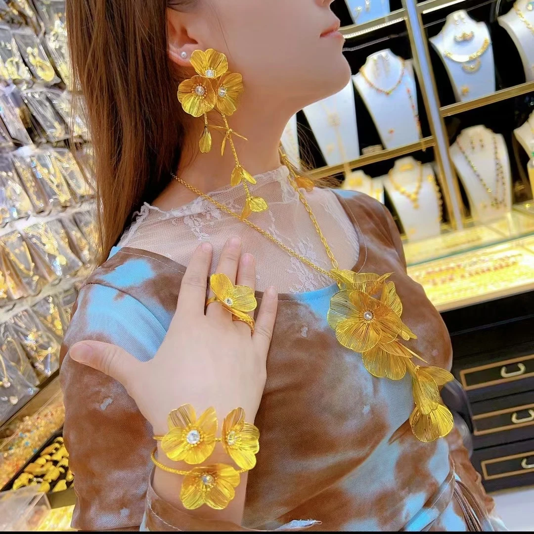 2024 Dubai New 24K Gold Plated Flower Necklace Earrings Ring Bracelet Wedding Party Jewelry Set for Women  DD10370