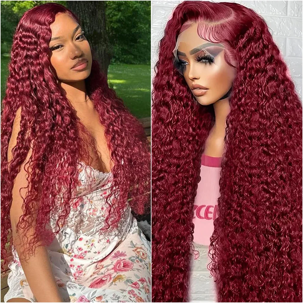 

99J Burgundy 36Inch Deep Wave 13x6 Lace Front Human Hair Wig 13x4 HD Transparent Lace Frontal Human Hair Curly Wigs For Women