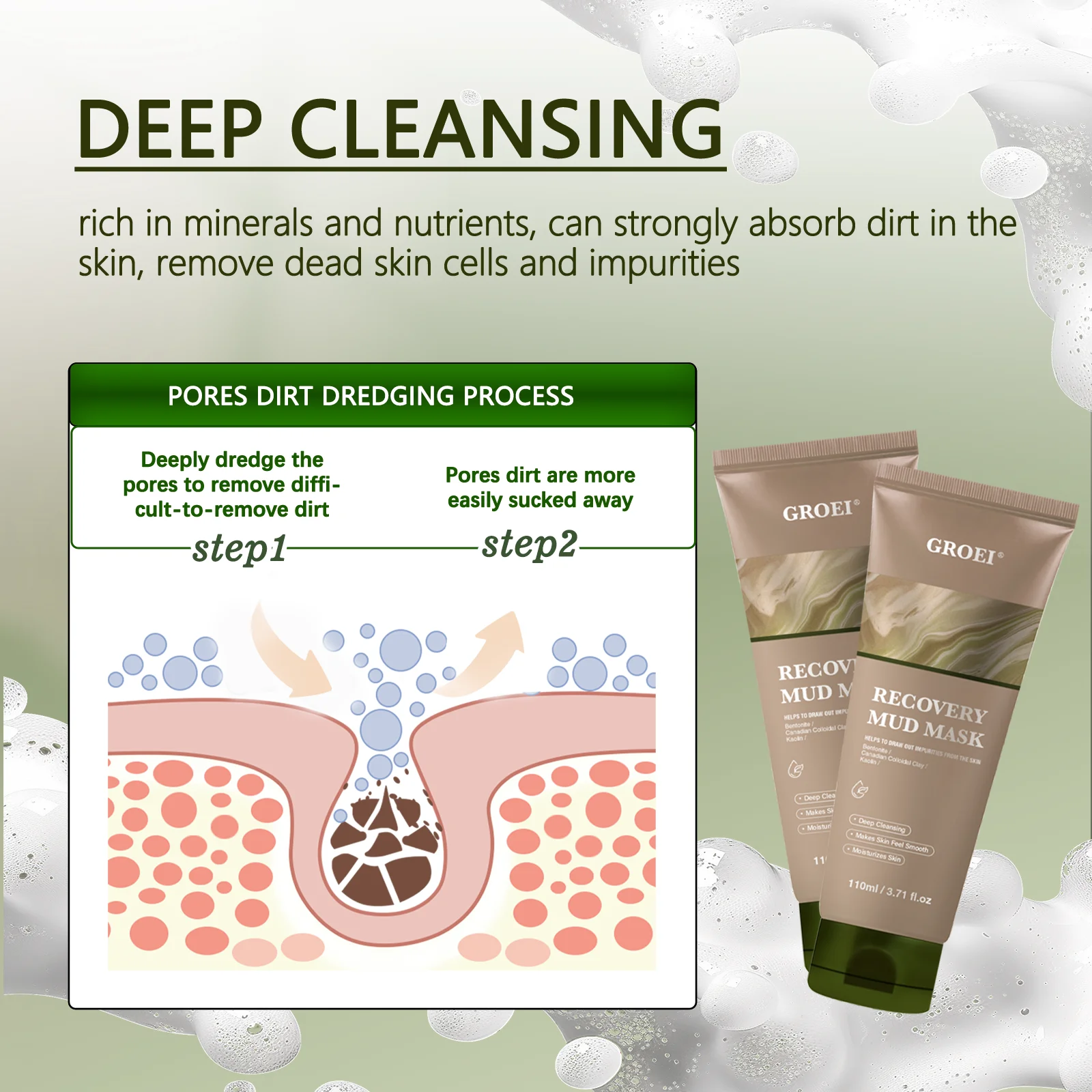 

GROEI 110g Recovery Mud Mask Deep Cleansing Pores & Facial Skin Care Mask for Dull Skin, Acne & Wrinkles Care