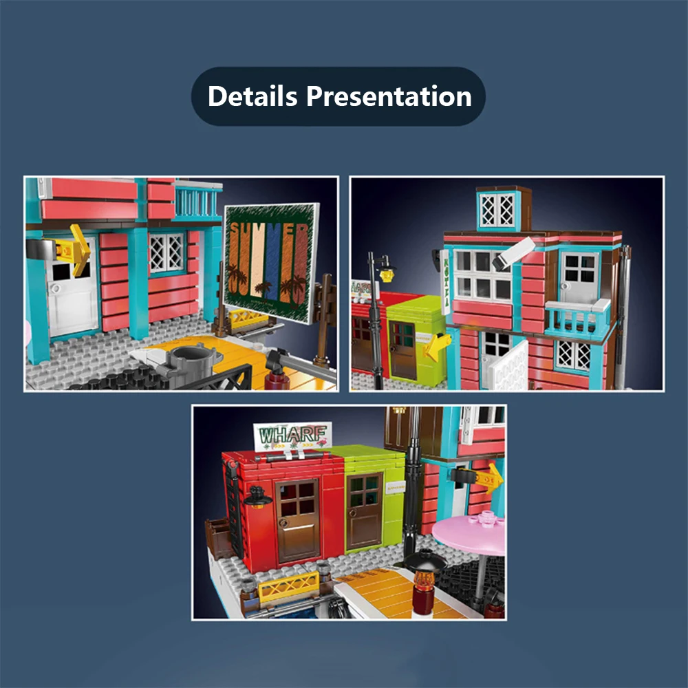 Juego de bloques de construcción de hotel de muelle de arquitectura creativa, modelo de exhibición de ensamblaje DIY, regalo para niños y niñas