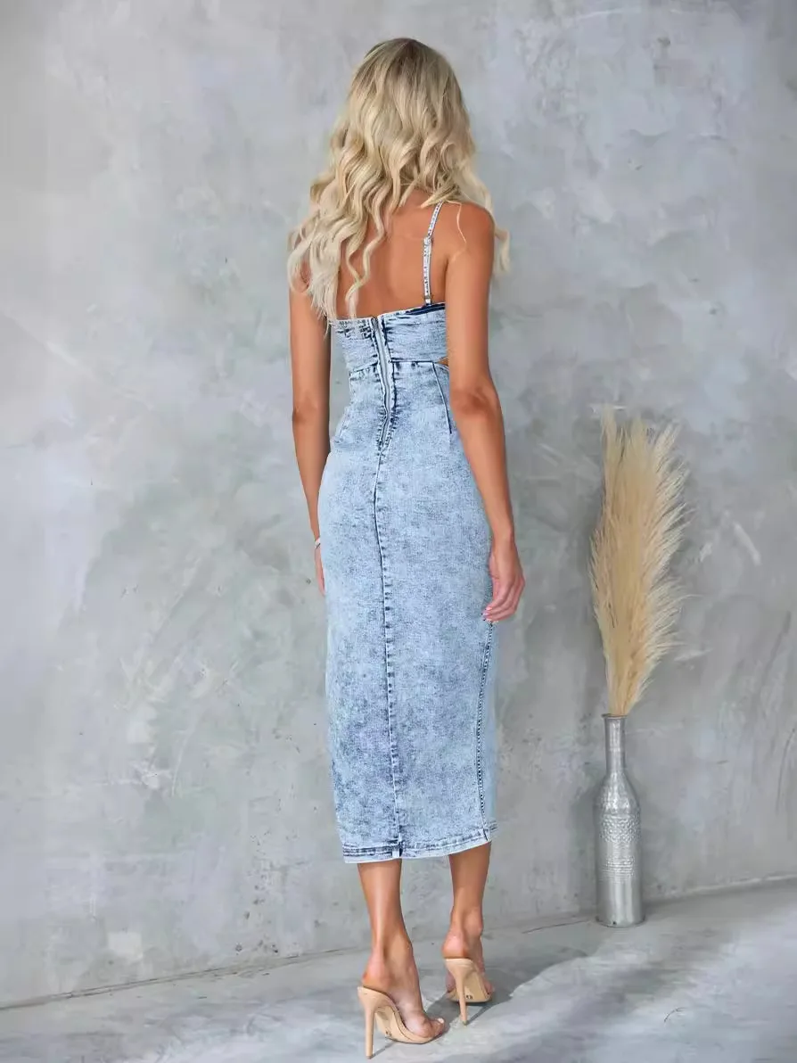 فستان طويل من قماش الدنيم مثير بخصر ملفوف للنساء Y2K بدون أكمام وفتحة عالية وسحاب خلفي نحيف قطعة واحدة فساتين بحمالات مجوفة