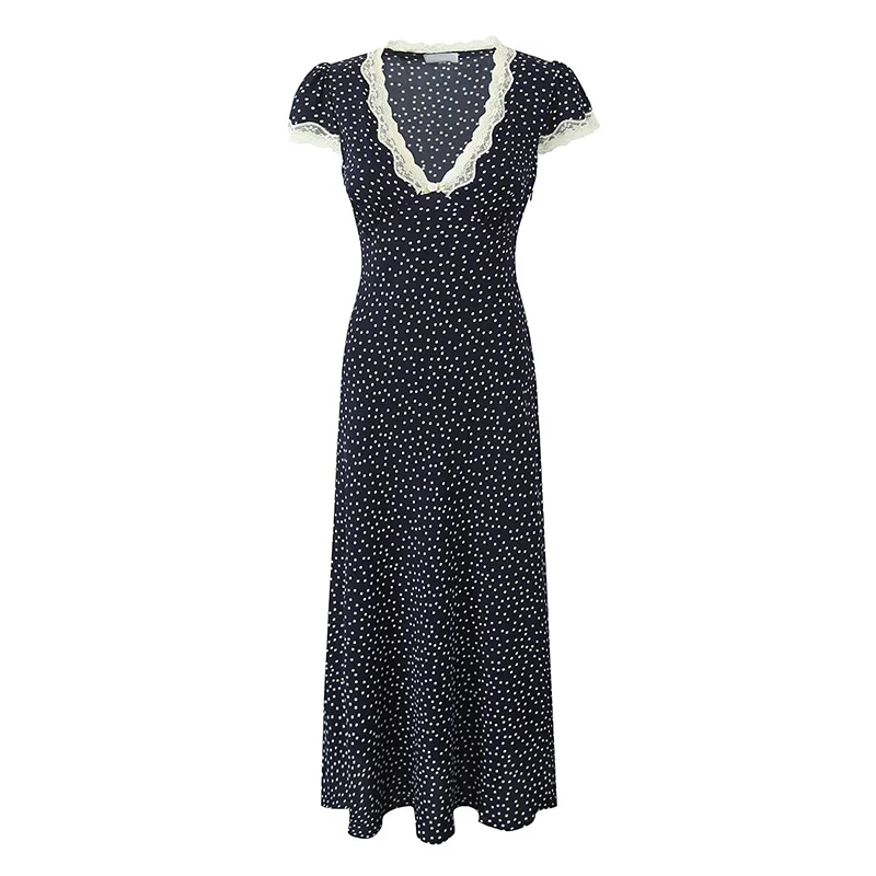 YENKYE 2025 Women Navy Blue Polka Dot Long Dress Lace Trim V Neck Short Sleeve A-line Elegant Holiday Dresses Summe Maxi Robe