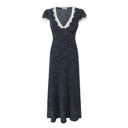YENKYE 2025 Women Navy Blue Polka Dot Long Dress Lace Trim V Neck Short Sleeve A-line Elegant Holiday Dresses Summe Maxi Robe