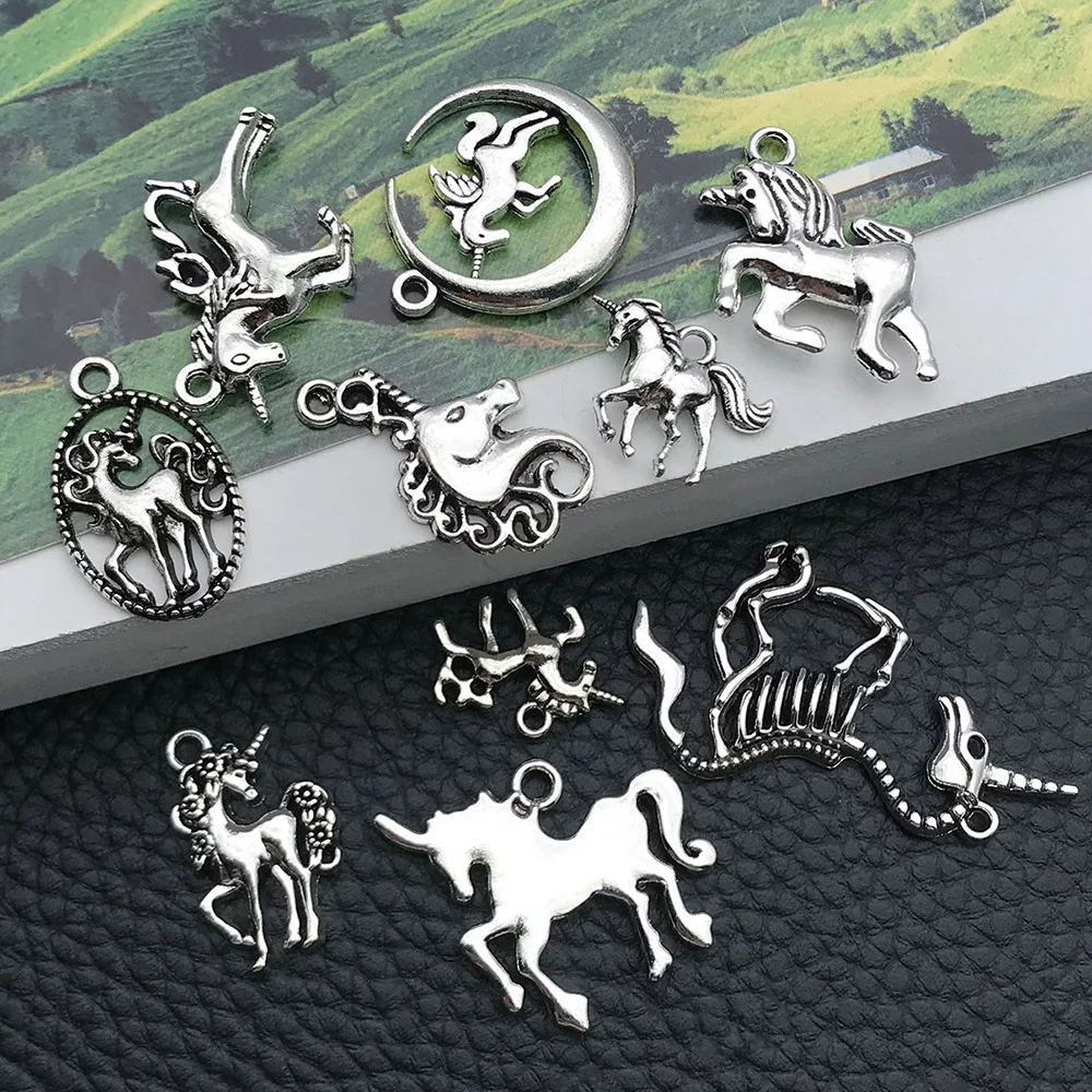 10Pcs/Mix Antique Silvery Unicorn Mermaid Charms Alloy Metal Pendants for DIY Bracelet Necklace Jewelry Making Accessories