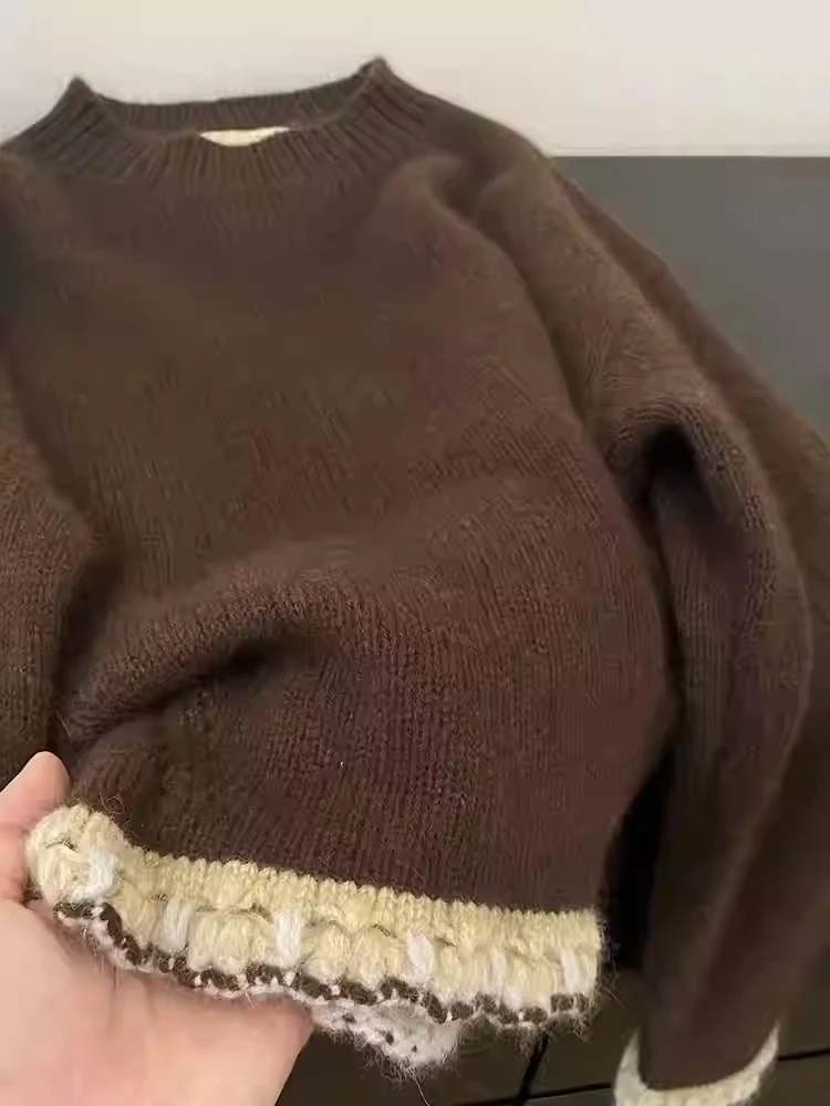 Jersey de retales marrón para mujer, suéter Harajuku Vintage coreano Y2k de manga larga con cuello redondo, suéter de gran tamaño, ropa de los años 2000