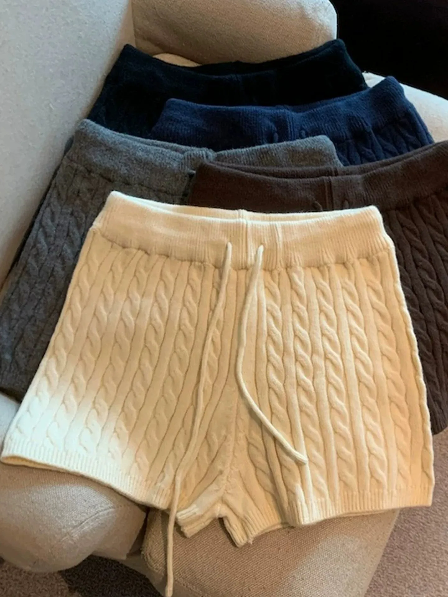 High Waist Knitted Rope Short Pants Women's Casual Style Korean Pure Color Splice Knitting Drawstring Slimming Autumn Pants