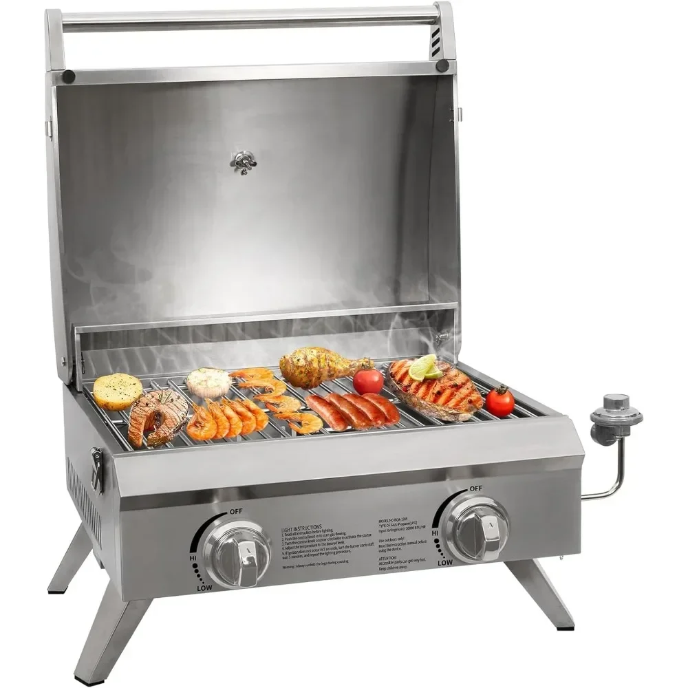 

20 in Portable Tabletop Gas Grill, 20,000 BTU Propane Gas Grill with Travel Locks & Built in Thermometer, Stainless Steel