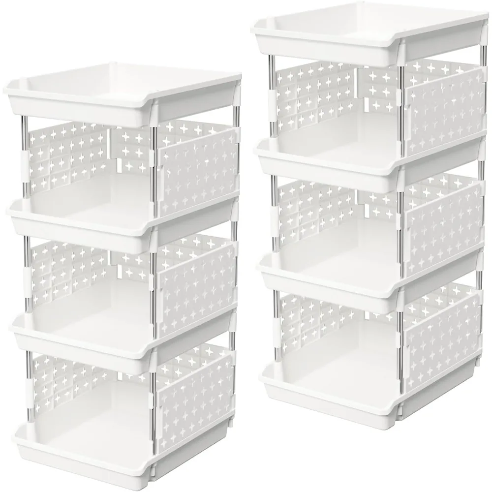 

Plastic Stackable Storage Baskets, 4 Tier Stacking Bins for Closet Wardrobe, Playroom, Kitchen and Pantry Organization, Large C