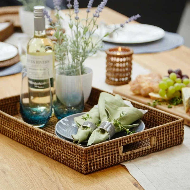 Nature Rattan Rectangular Serving Tray Rattan Office Tray, Decorative Woven Rattan Fruit Baskets Tray Plate for Table Countertop