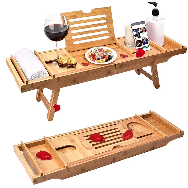 

Luxurious Four-Piece Bamboo Bath Tray Foldable Bathtub Caddy