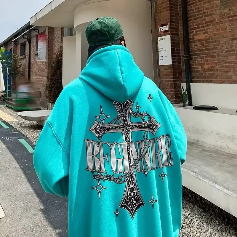 

Pop Hoodie Men's Large Hoodie American Retro Loose Fashion High Street Cross Chain Printed Long Sleeve Double Shirt