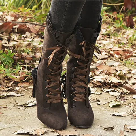 Winter New Large Size Women'S Ankle Boots Retro Brown Pointed Toe Thick Heel Lace Slim Mid Calf Boots For Women Suede Shoes