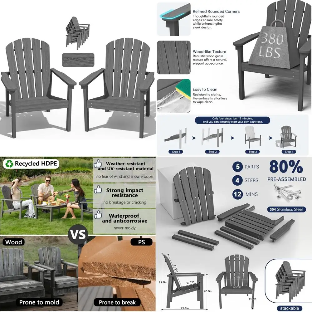 Pair of Stackable Adirondack Chairs in HDPE - Durable Outdoor Patio Furniture for Porch, Lawn, Garden
