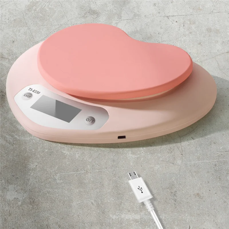 Báscula electrónica Digital portátil B15C, báscula multifunción para hornear en la cocina de 5Kg/1G, pantalla LCD de alta precisión en forma de corazón rosa